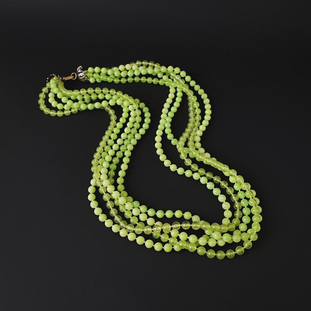 Vintage Lime Green Round Ball Multi Strand Beaded Funky Bright Retro Necklace